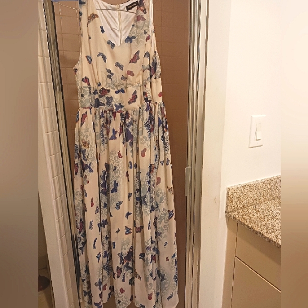 FASHIONMIA maxi dress that is off white with pink and blue butterflies